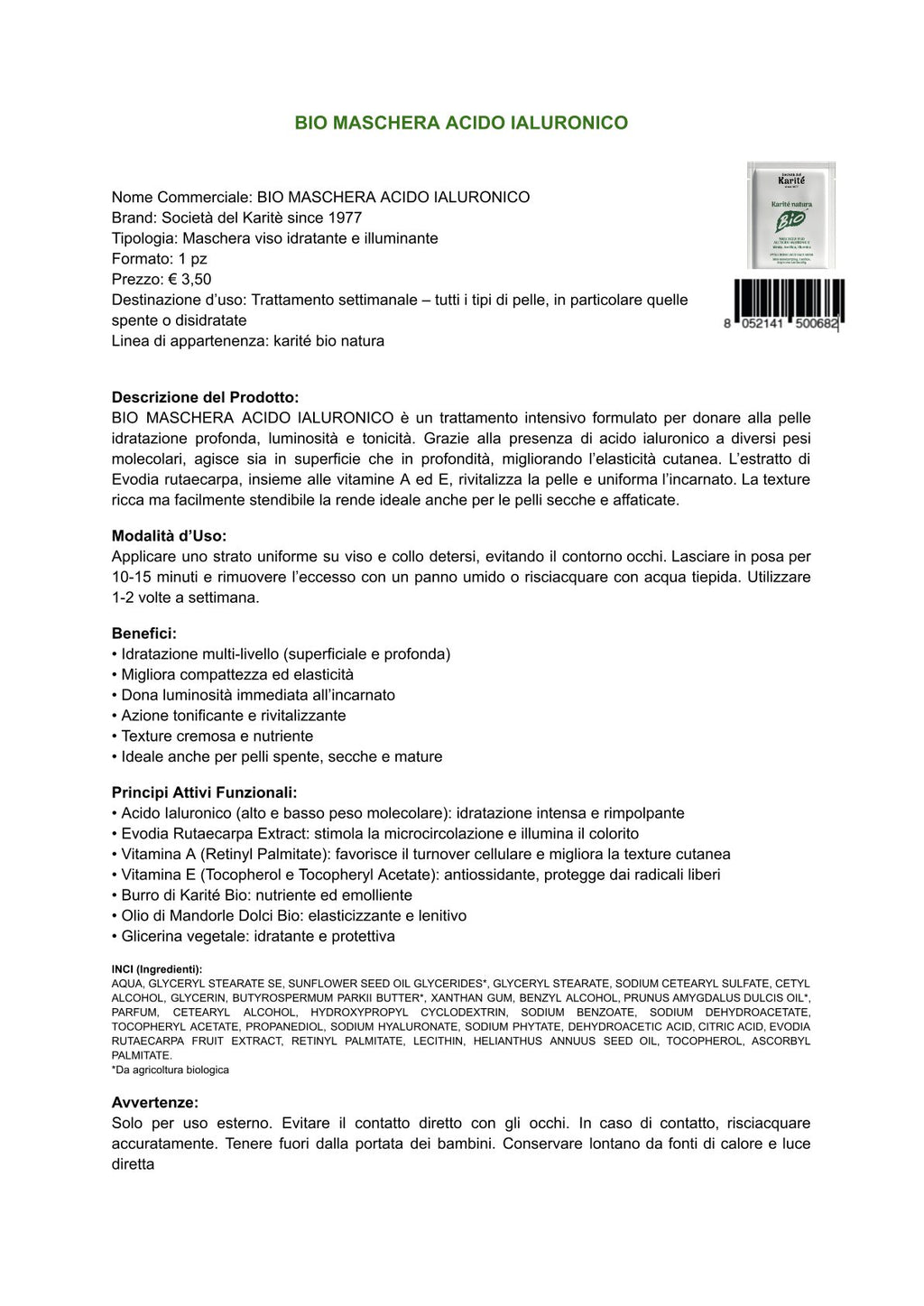 Karité natura Bio - Maschera viso all'acido ialuronico