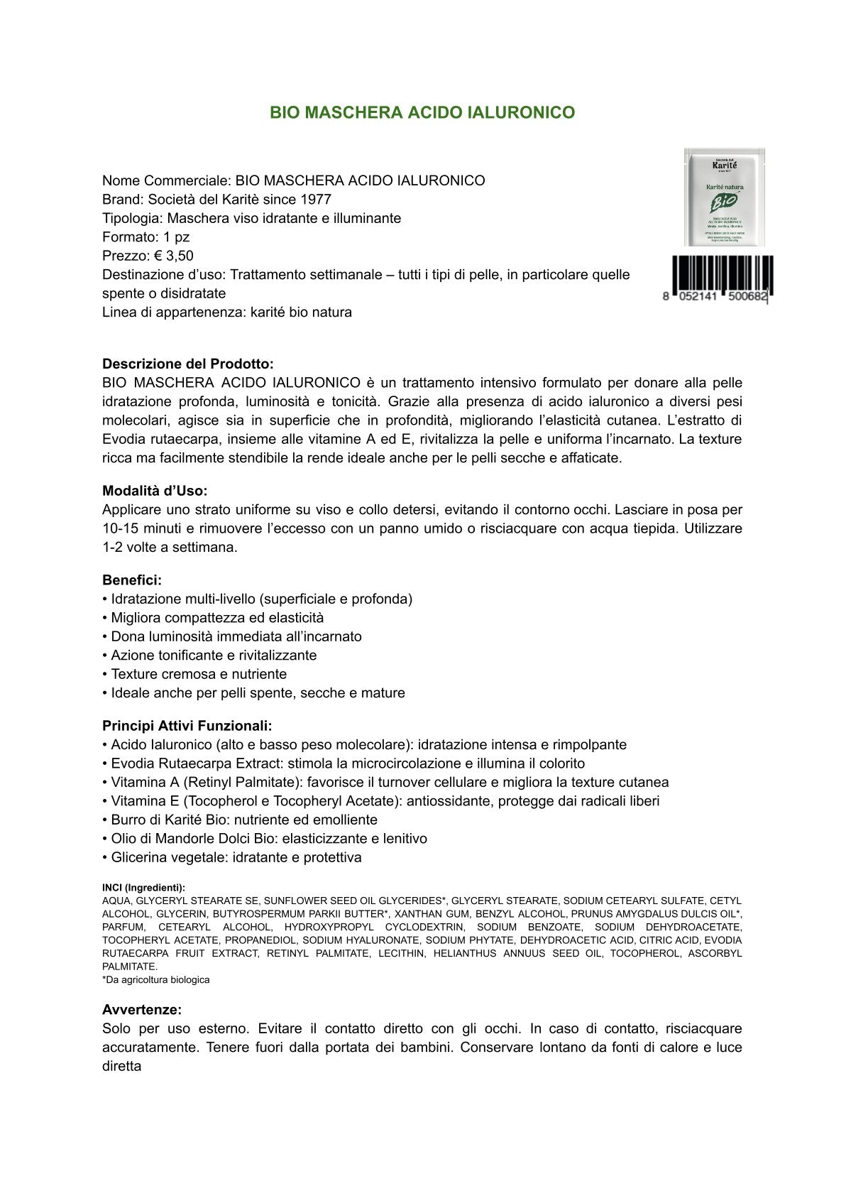 Karité natura Bio - Maschera viso all'acido ialuronico