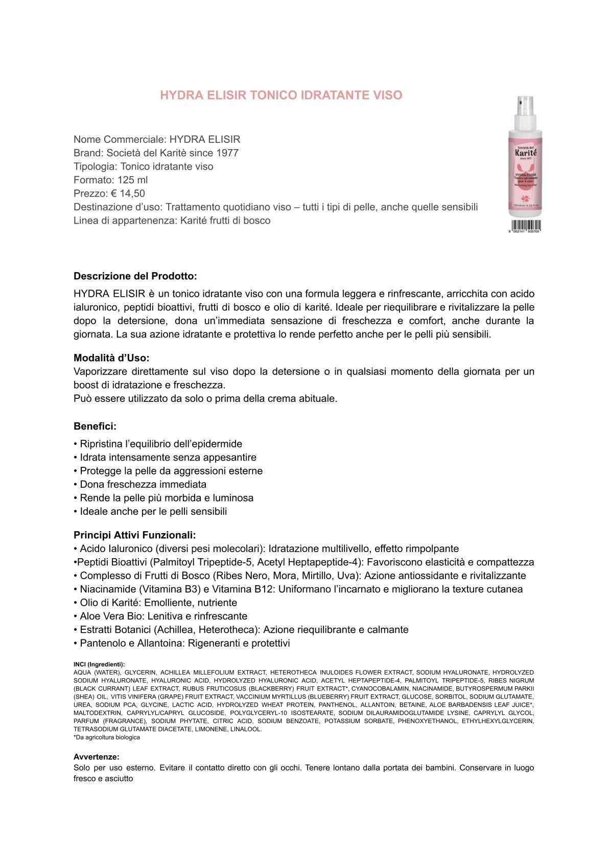 Karité e Frutti di bosco - HYDRA ELISIR tonico idratante (125 ml)