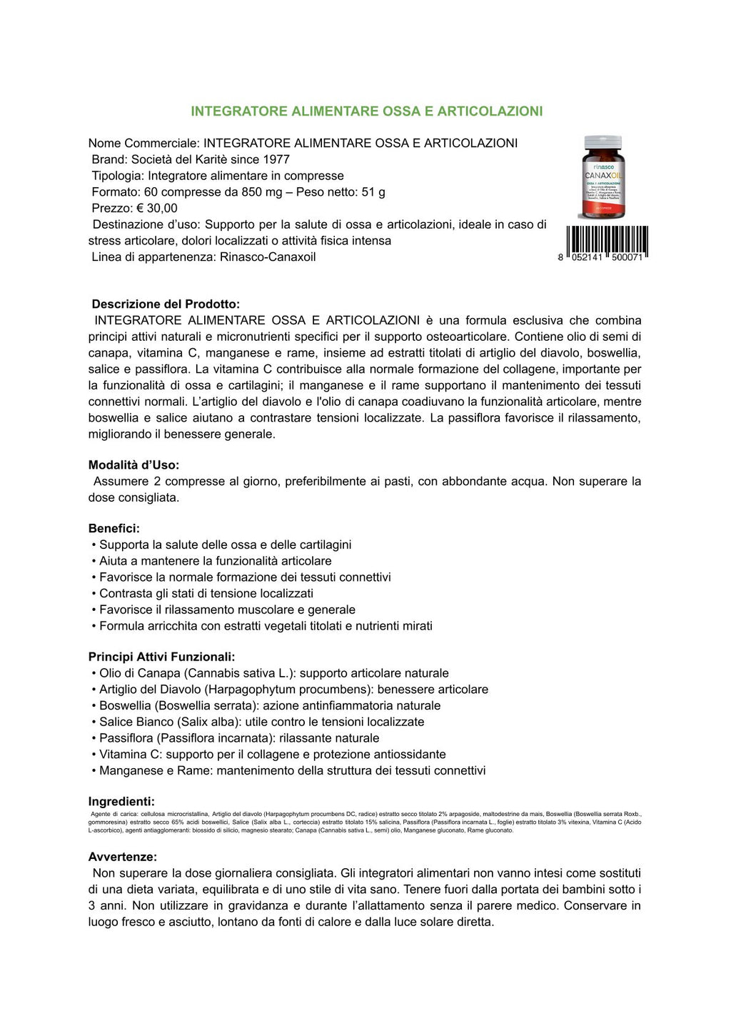 Rinasco Canaxoil - Integratore alimentare ossa e articolazioni (60 cps)
