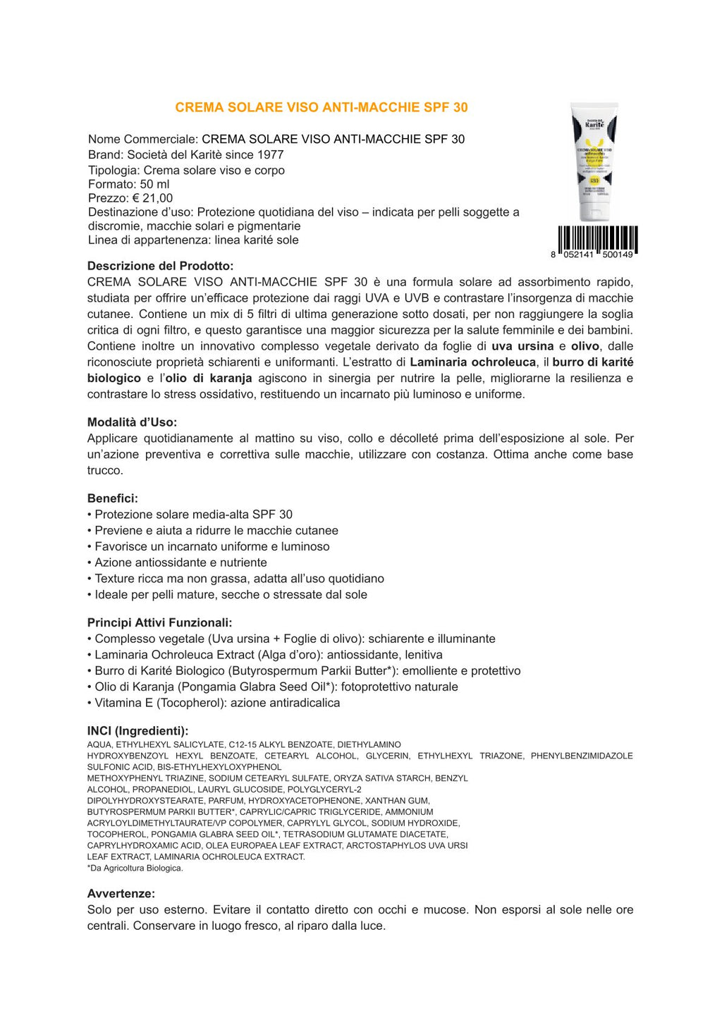 Karité linea solare - Crema solare viso antimacchia SPF 30 (50 ml)