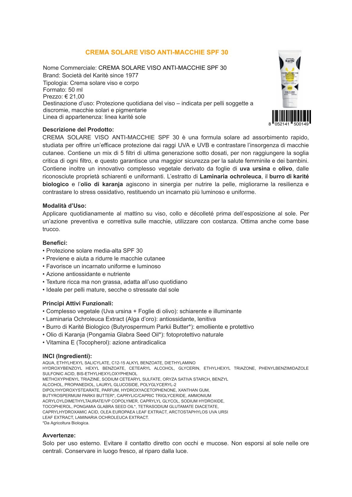 Karité linea solare - Crema solare viso antimacchia SPF 30 (50 ml)