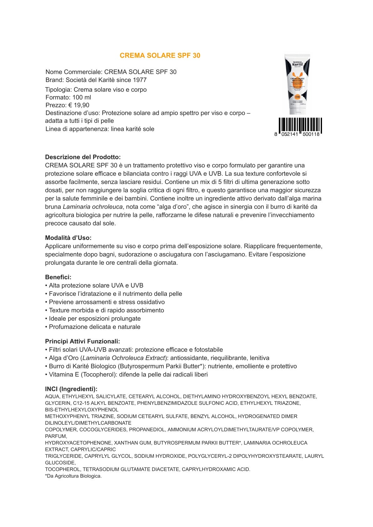 Karité linea solare - Crema solare viso e corpo SPF 30 (100 ml)