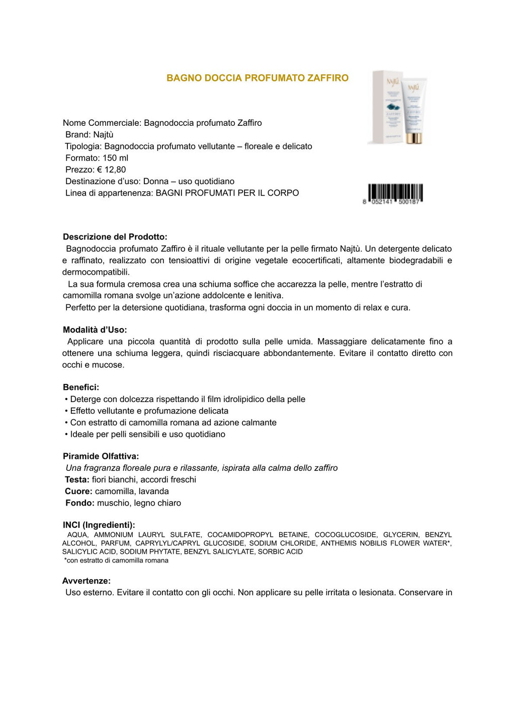 Najtù Zaffiro - Bagnodoccia profumato (150 ml)