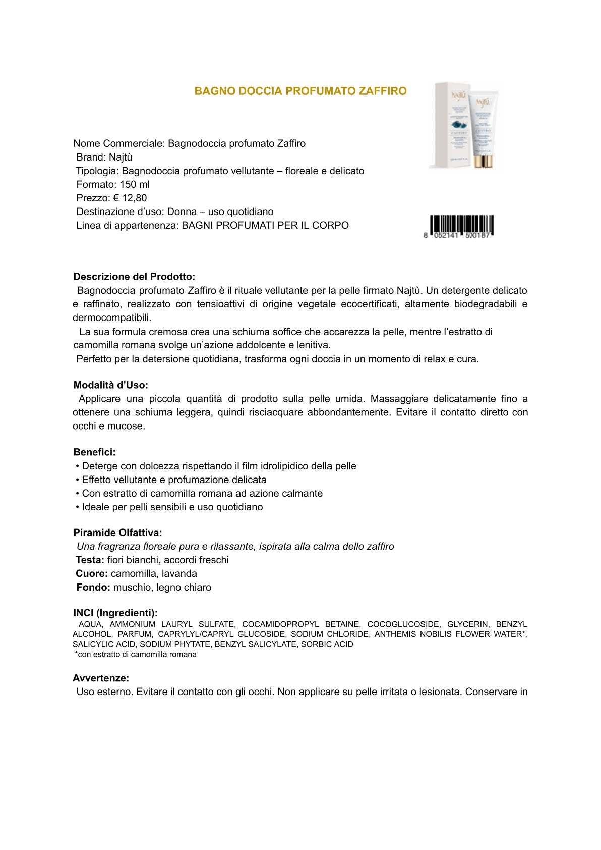 Najtù Zaffiro - Bagnodoccia profumato (150 ml)