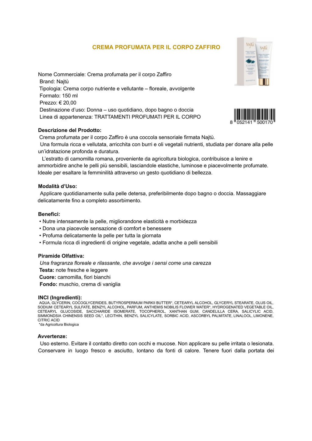 Najtù Zaffiro - Crema profumata per il corpo (150 ml)