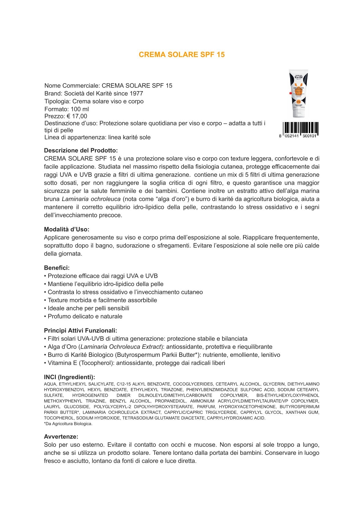 Karité linea solare - Crema solare viso e corpo SPF 15 (100 ml)