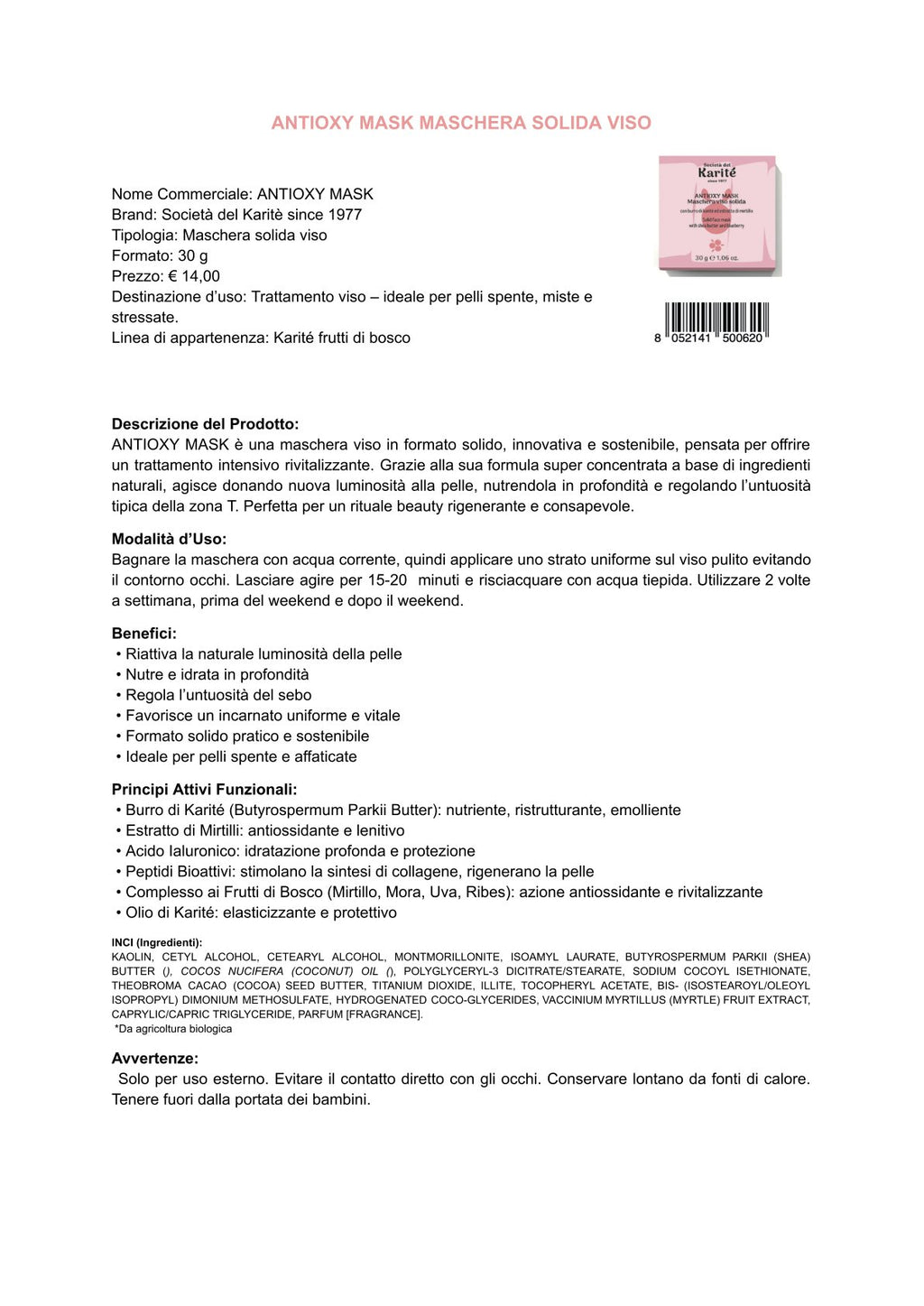 Karité e frutti di bosco - ANTIOXY MASK maschera solida viso (30 g)