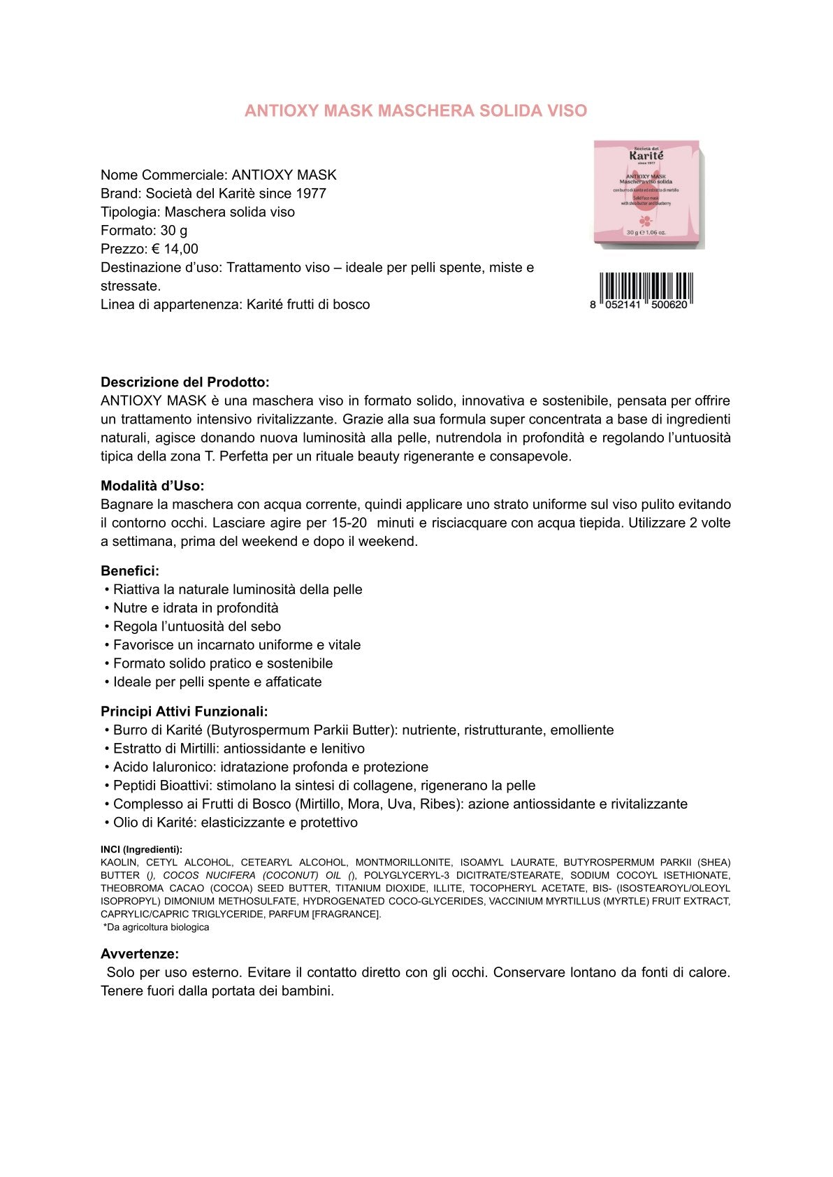 Karité e frutti di bosco - ANTIOXY MASK maschera solida viso (30 g)