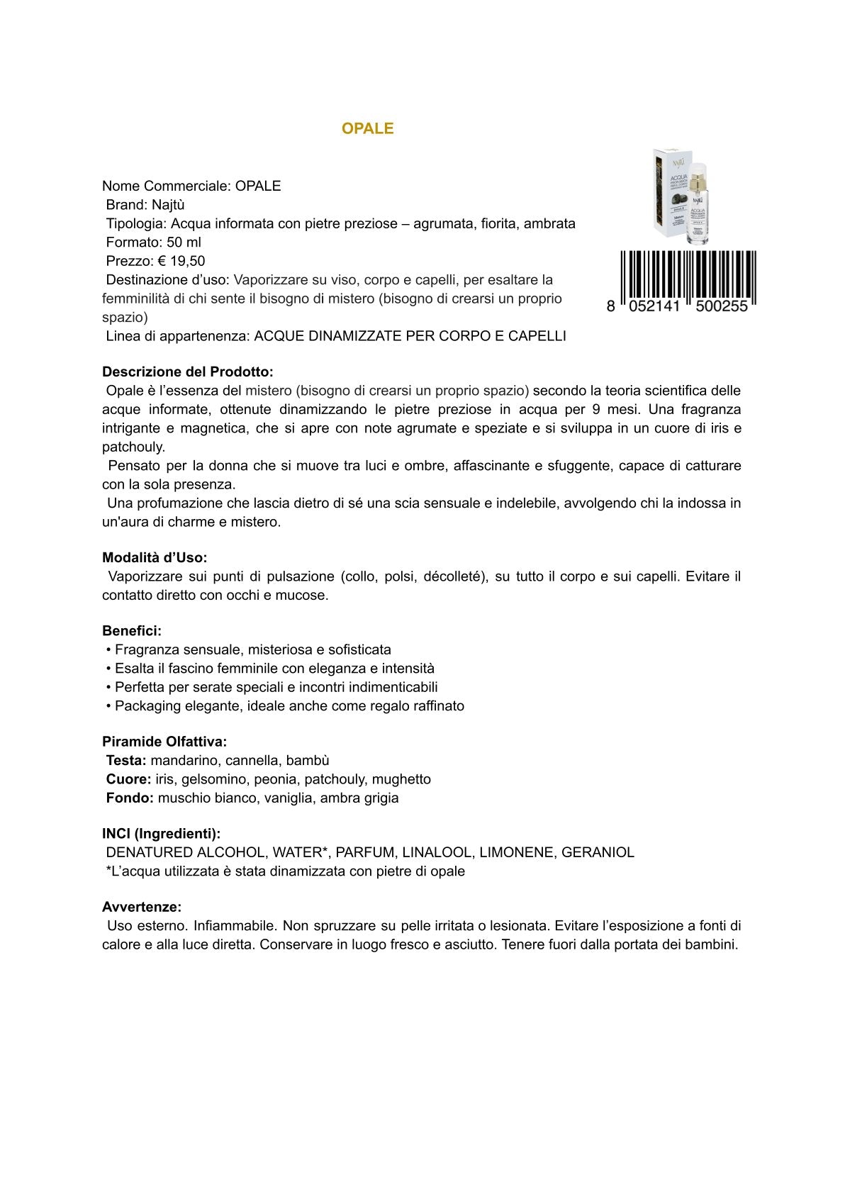 Najtù Opale - Acqua profumata per il corpo (50 ml)