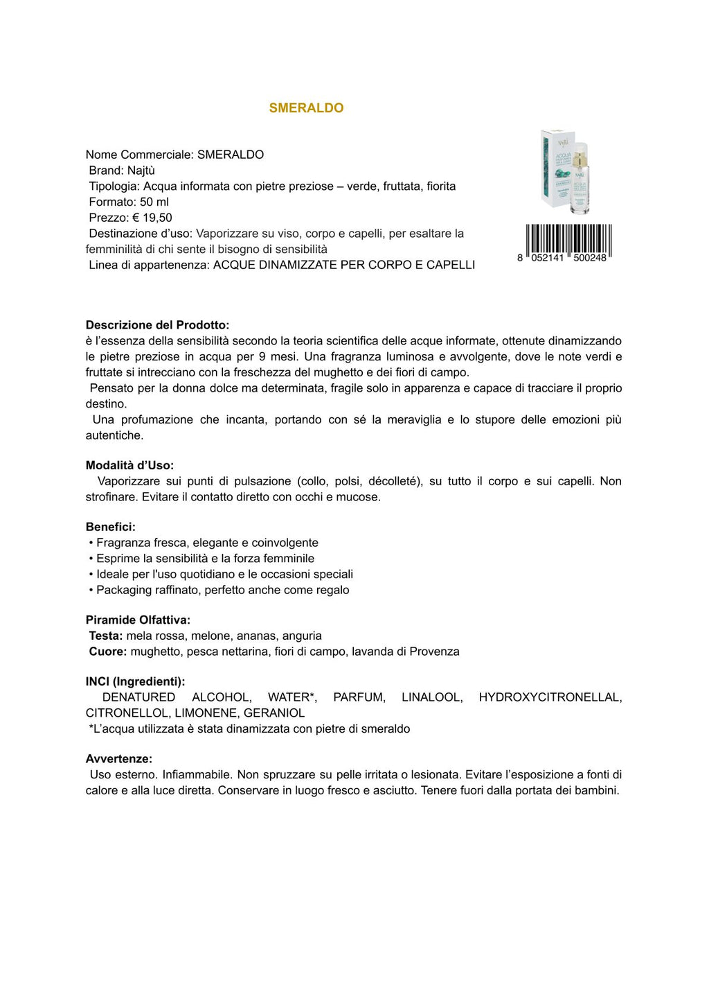 Najtù Smeraldo - Acqua profumata per il corpo (50 ml)