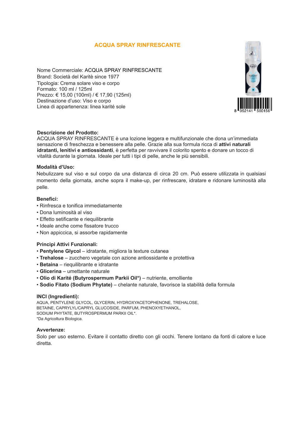 Karité linea solare - Acqua spray rinfrescante (100 ml)