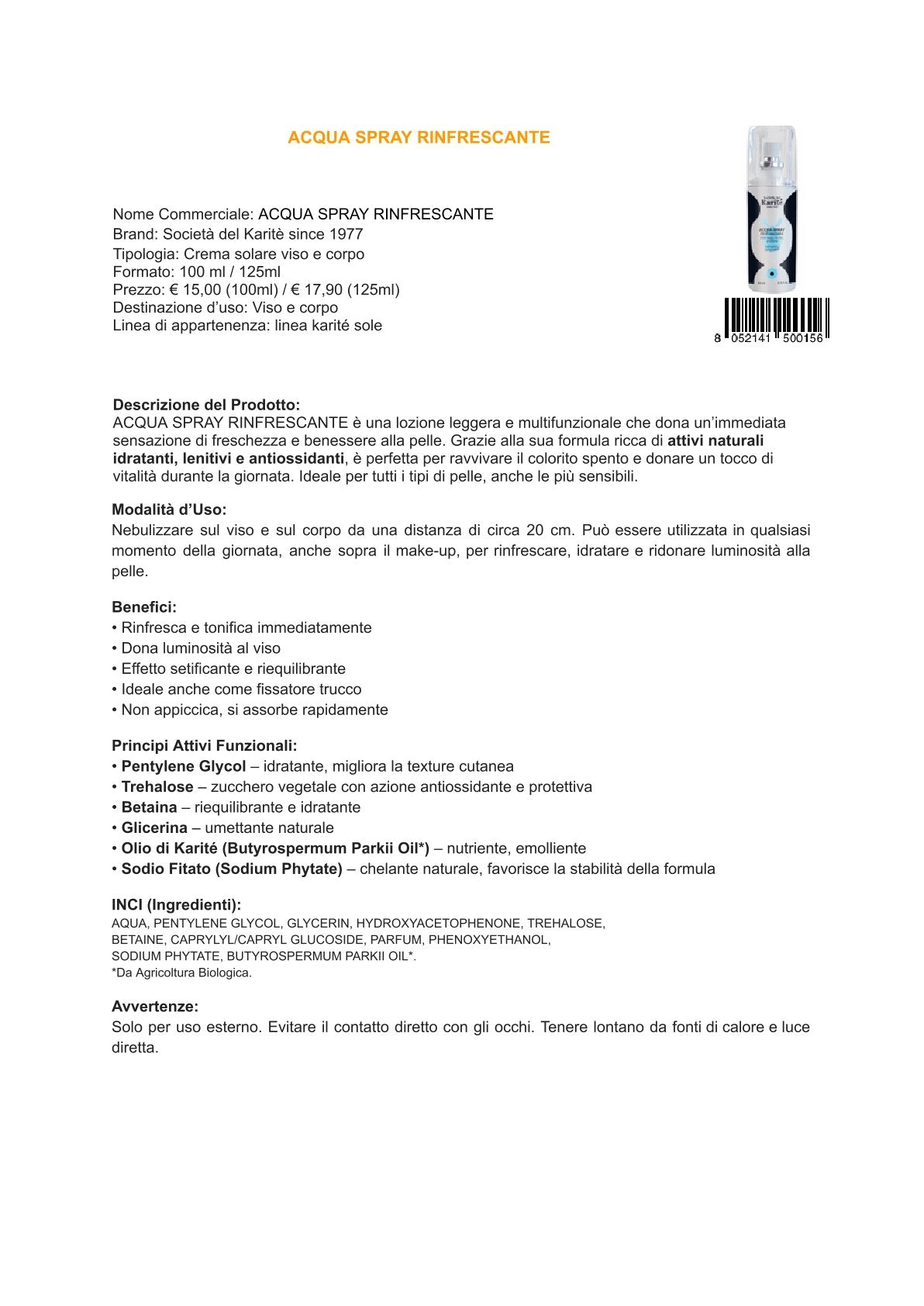 Karité linea solare - Acqua spray rinfrescante (100 ml)