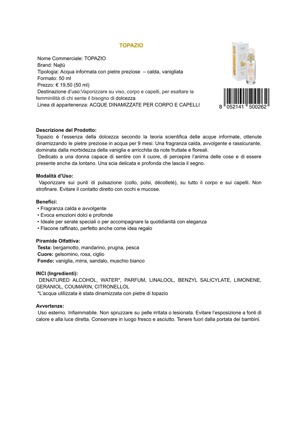 Najtù Topazio - Acqua profumata per il corpo (50 ml)