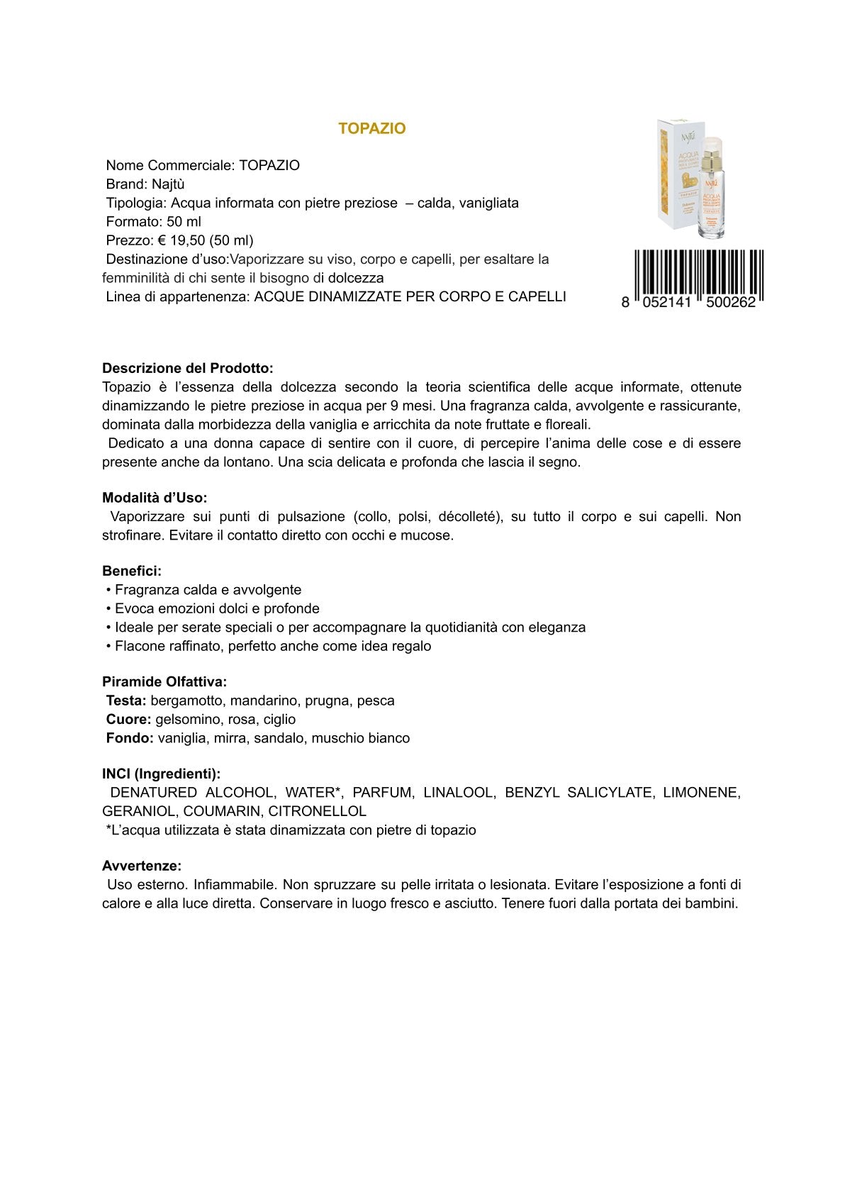 Najtù Topazio - Acqua profumata per il corpo (50 ml)