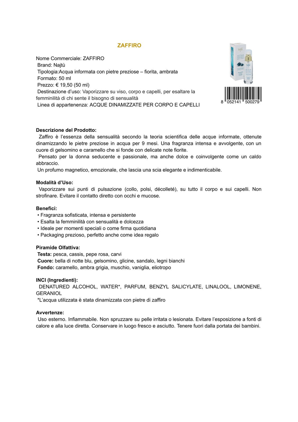 Najtù Zaffiro - Acqua profumata per il corpo (50 ml)