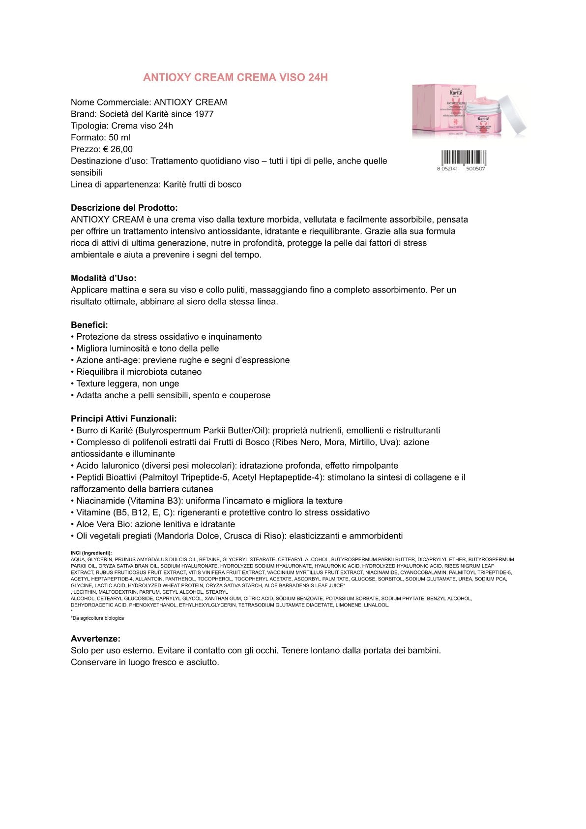 Karité e Frutti di bosco - ANTIOXY CREAM crema viso 24 H (50 ml)