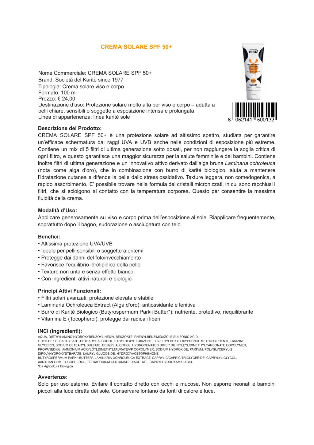 Karité linea solare - Crema solare viso e corpo SPF 50+ (100 ml)