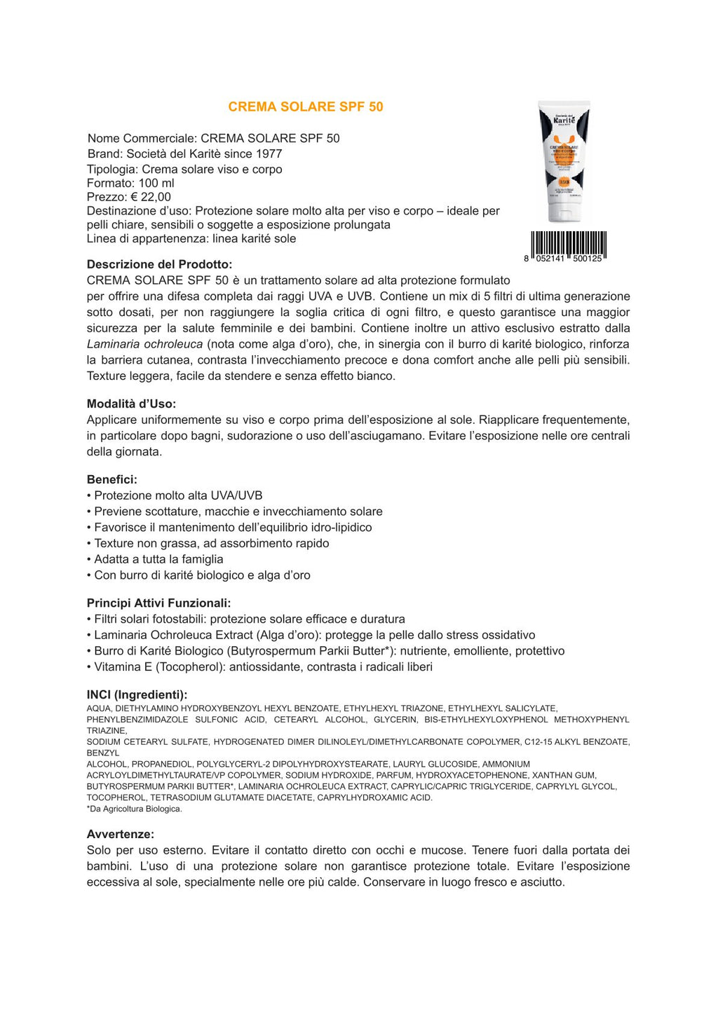 Karité linea solare - Crema solare viso e corpo SPF 50 (100 ml)