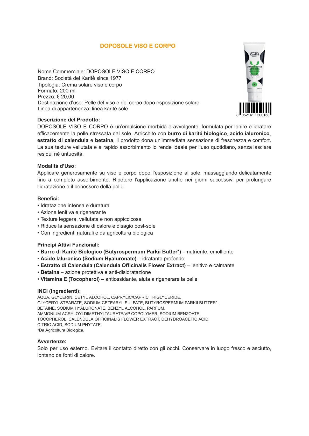 Karité linea solare - Crema doposole viso e corpo (200 ml)