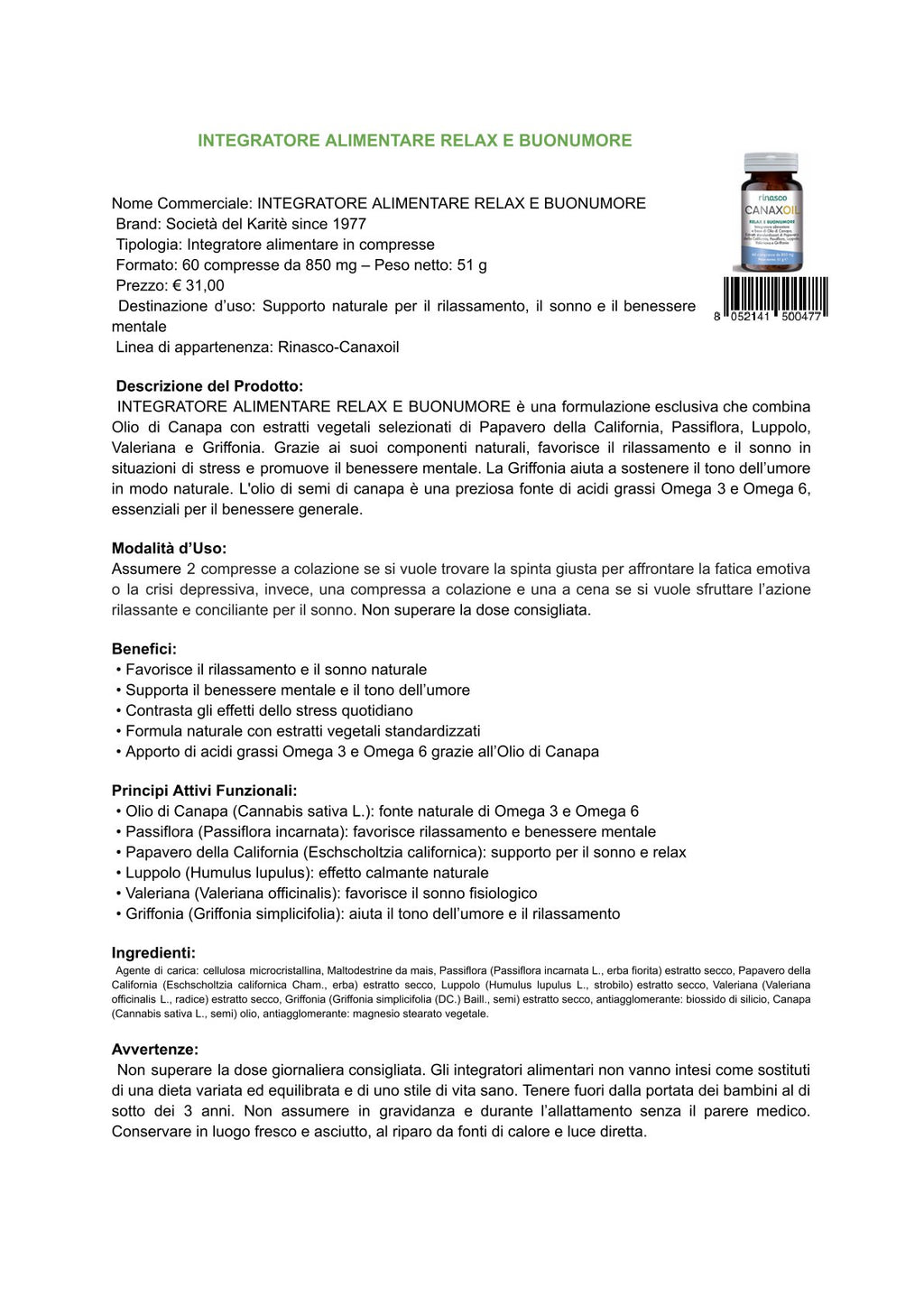 Rinasco Canaxoil - Integratore alimentare relax e buonumore (60 cps)